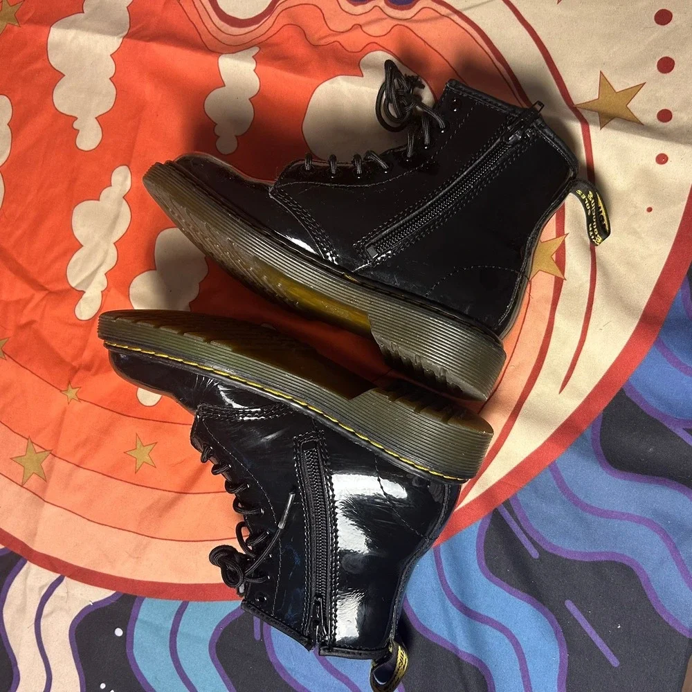 Dr. Martens 1460 J Kids Black Patent Leather Lace Up Side Zip Boots Size 1 US